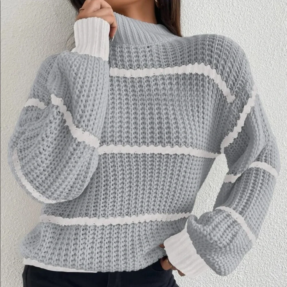 Boho knit striped mock neck sweater